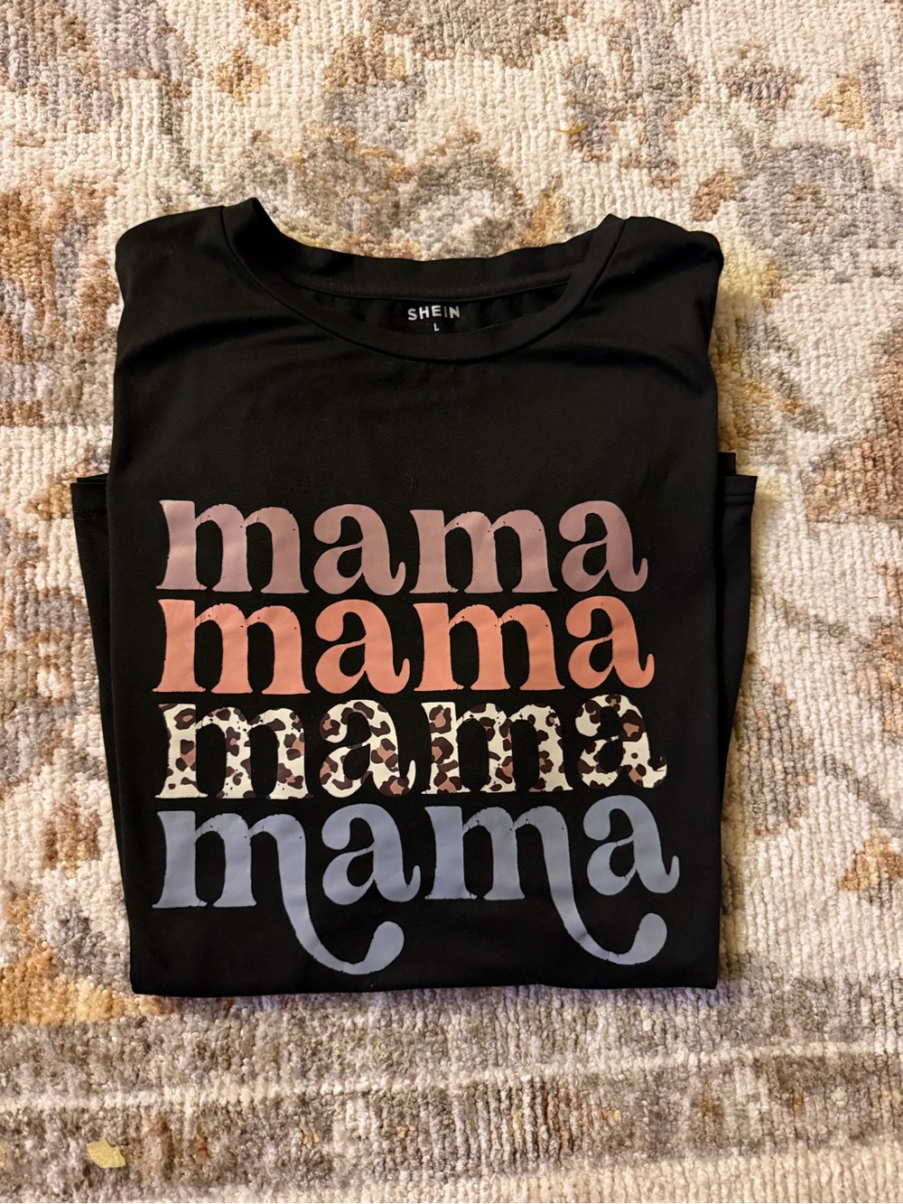 SHEIN Black 'Mama' Graphic Tee with Pink, Coral, Leopard & Gray Print